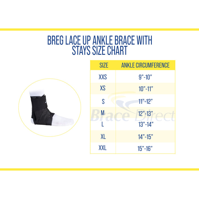 Breg reinforced lace-up ankle brace with stays size chart.
