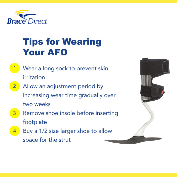 Infographic with four tips for wearing the WalkOn Reaction Plus AFO, by Brace Direct.