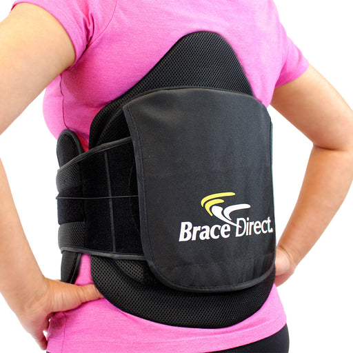 Rear view of the black Brace Direct Rehabilitator LSO Back Brace, worn by a model.