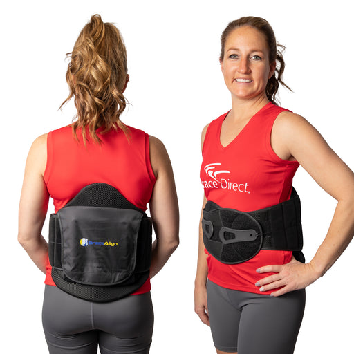Smiling woman presenting the black Brace Align VertebrAlign LSO Back Brace for Low Back Pain, viewed from front and back.