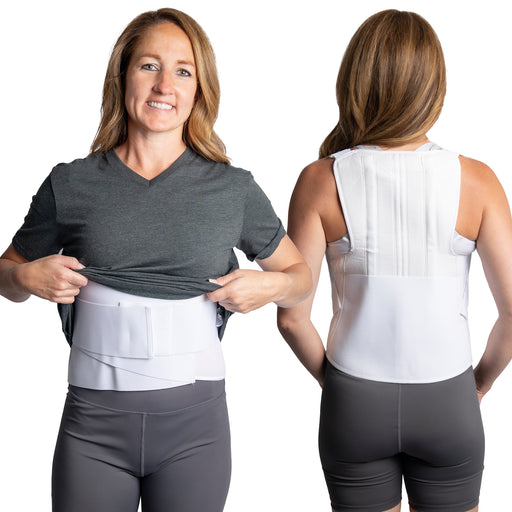 Female presenting the Brace Direct Full Back Support Soft TLSO, viewed from front and back.