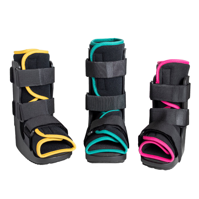 Brace Direct Pediatric Walker Fracture Boot set with trims in different colors: yellow, green, and pink.