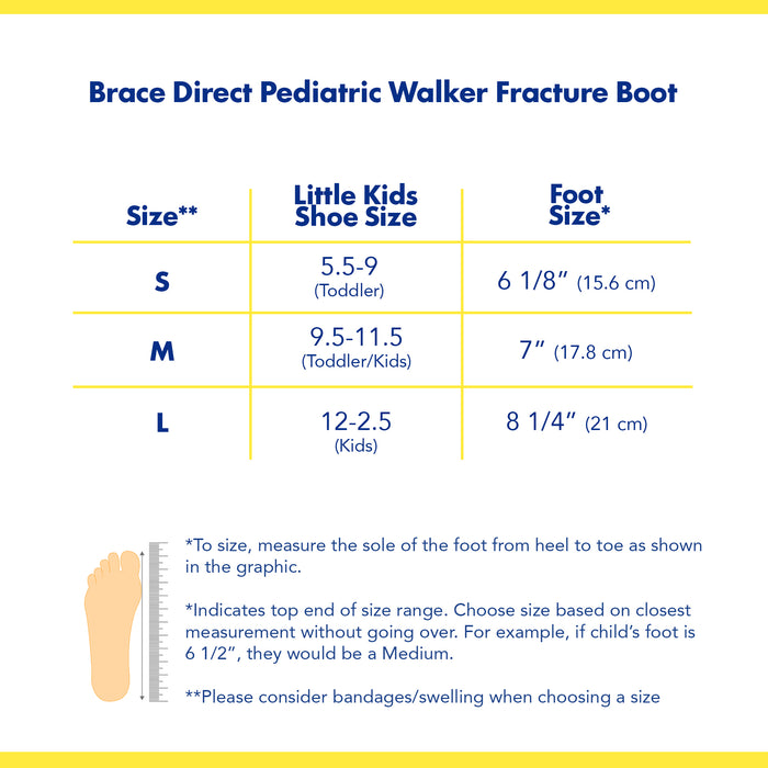 Brace Direct Pediatric Walker Fracture Boot size chart.