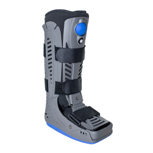 Close-up of the Brace Direct Tall Lightweight Medical Full Shell Walking Boot with Air Pump, isolated on white.