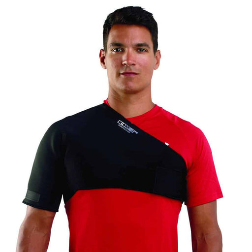 Male model demonstrates the fit of the Breg Curtis Shoulder Stabilizing Sleeve, by Brace Direct.