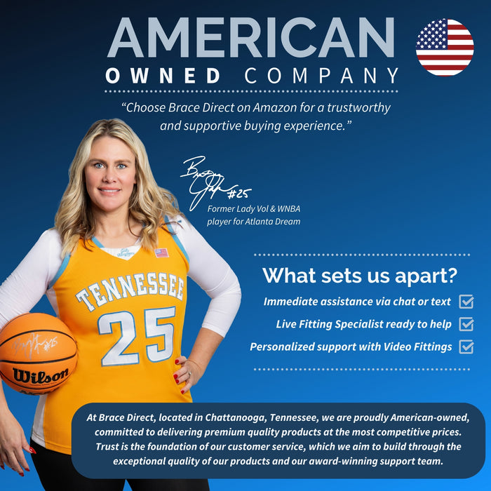 Promotional graphic for Brace Direct, an American-owned company, featuring Brittany Jackson, a former WNBA player.