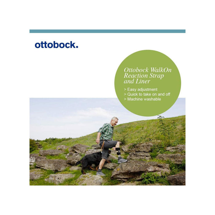 Graphic of a man with Ottobock ankle-foot orthosis outdoors, noting easy adjustment and washability.