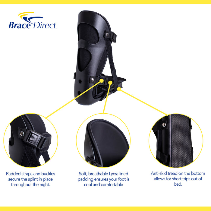 Infographic with features of the Adjustable Night Splint: padded straps and buckles, breathable Lycra padding, anti-skid tread.