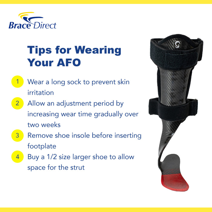 Infographic with four tips for wearing the Guardian Elite Pro Rehabilitator Carbon Fiber AFO, by Brace Direct.