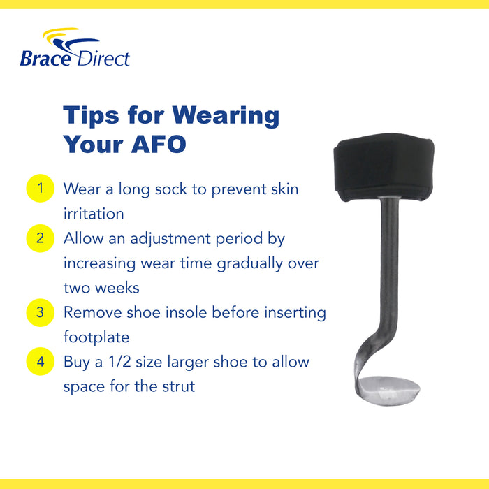 Infographic with four tips for wearing the WalkOn Flex AFO, by Brace Direct.
