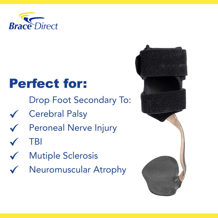 Infographic with uses for the Reaction Junior Carbon Fiber Pediatric AFO brace: drop foot secondary to TBI, cerebral palsy.