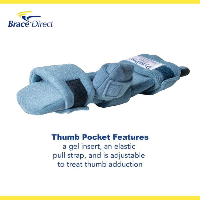 Brace Direct OCSI DynaPro Finger Flex thumb pocket features: gel insert and elastic pull strap.