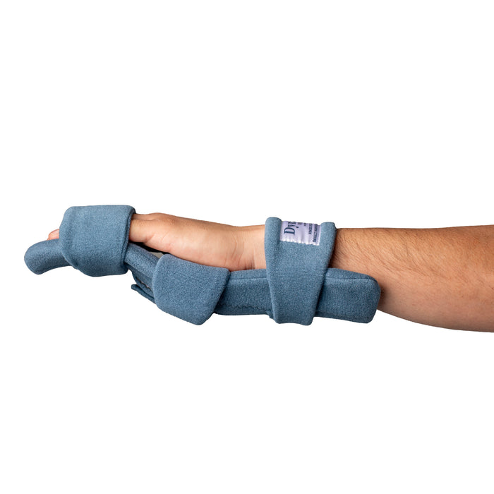 Side view of hand secured in an OCSI DynaPro Finger Flex by Brace Direct, isolated on white.