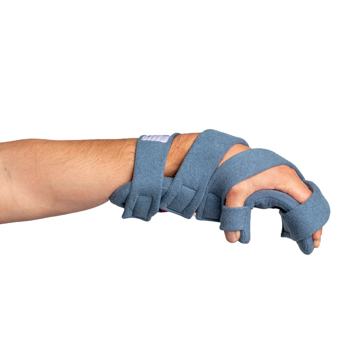 Side view of hand secured in an OCSI SoftPro CHAMP Resting by Brace Direct, isolated on white.