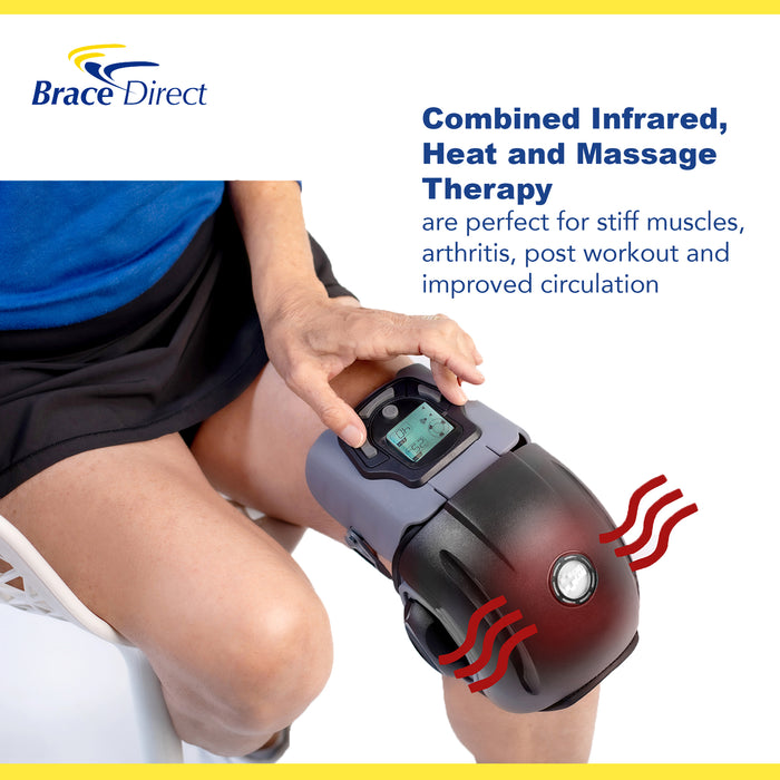 A woman operates a Brace Direct heated knee massager with combined infrared, heat, and massage therapy.