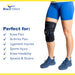 Infographic with uses for the hinged knee brace with patella stabilizer: knee or arthritis pain, ligament, or sports injury.