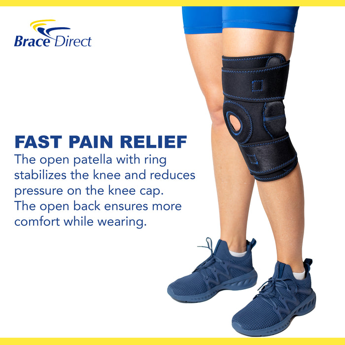 Infographic highlighting the open design of the Brace Direct Hinged Knee Brace with Patella Stabilizer for fast pain relief.
