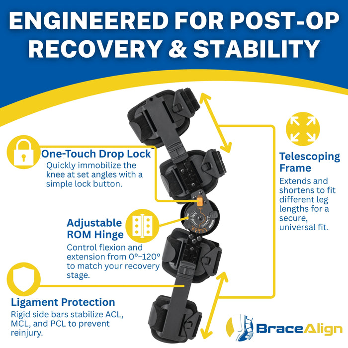 Brace Align FlexTrack ROM Telescoping Knee Brace - Adjustable Hinged Post Op Stabilizer for ACL, MCL, PCL Injuries & Surgical Recovery - L1832 L1833