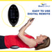 Woman lying down operating the Digital Lumbar Traction Unit's easy-to-use remote with digital display.