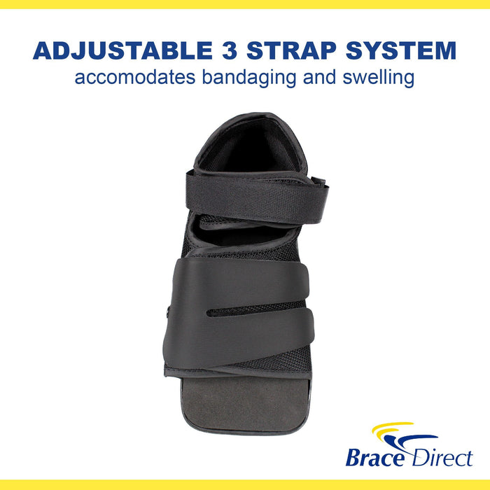 Infographic highlighting the Unisex Deluxe Post Op Shoe's adjustable 3-strap system, which accommodates bandaging/swelling.