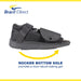 Infographic highlighting the rocker bottom sole of the Brace Direct Unisex Deluxe Post-Op Shoe.
