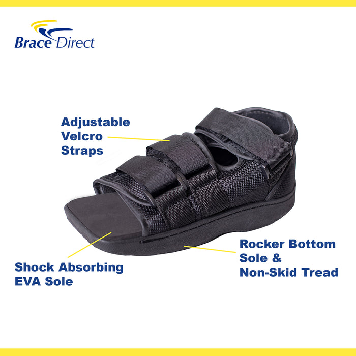 Infographic with uses for the Pediatric Children's Post-Op Shoe: velcro straps, shock absorbing insole, rocker bottom sole.