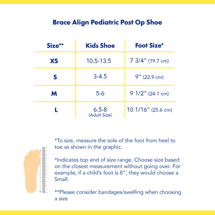 Brace Align Pediatric Children's Post Op Shoe size chart.