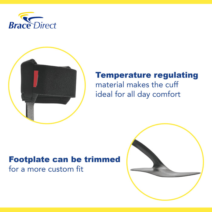 Infographic with main features of the WalkOn Trimmable AFO brace: trimmable footplate, and temperature regulating material.