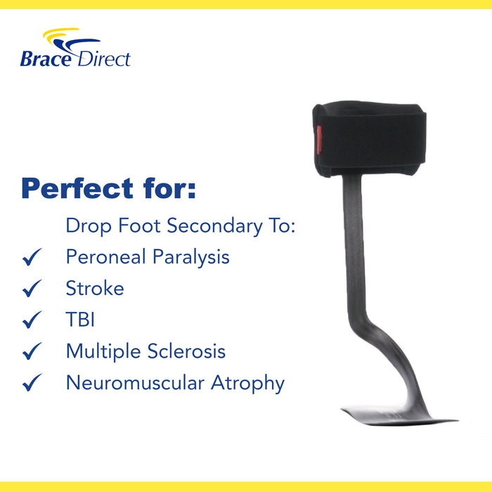 Infographic with uses for the WalkOn Trimmable AFO brace: drop foot secondary to TBI, peroneal paralysis, stroke.