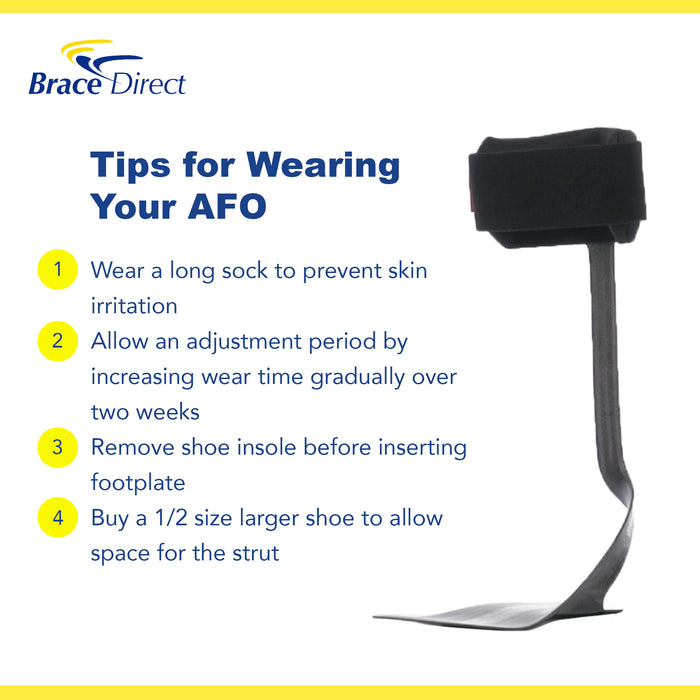 Infographic with four tips for wearing the WalkOn Trimmable AFO, by Brace Direct.