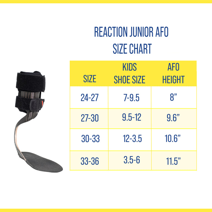 Reaction Junior Carbon Fiber Pediatric AFO brace size chart, by Brace Direct.