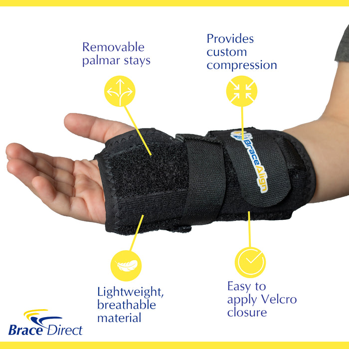 Infographic with the Brace Align Pediatric Wrist Brace features: removable palmar stays, lightweight material, velcro closure.