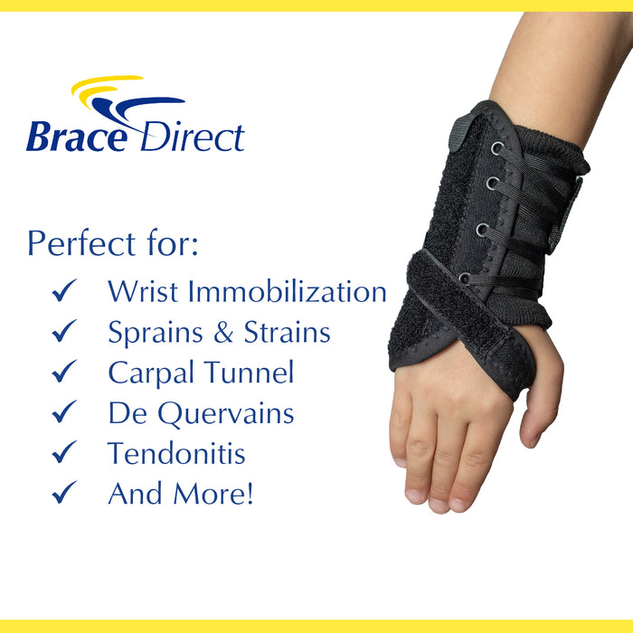 Infographic with uses for the Pediatric Wrist Brace: wrist immobilization, sprains/strains, carpal tunnel, and tendonitis.
