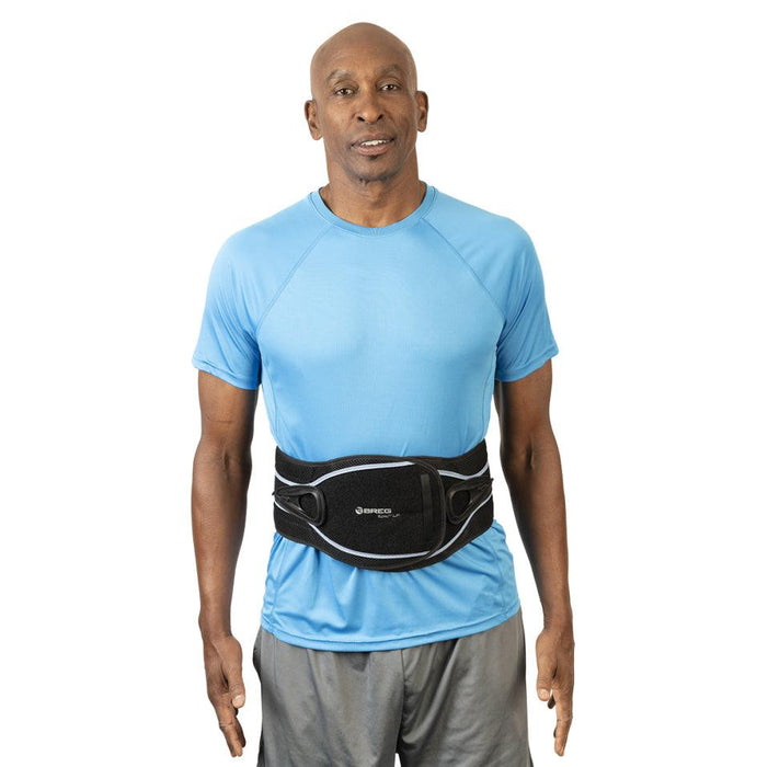 Male model demonstrates the fit of the Breg Epic LP LSO 627/642 back brace, by Brace Direct.