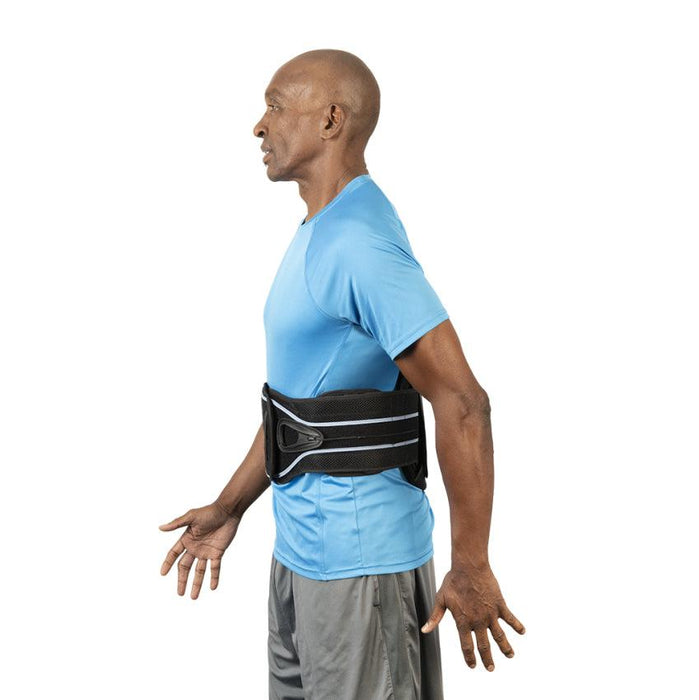Side view of the Breg Epic LP LSO 637/650 back brace, worn by a model.