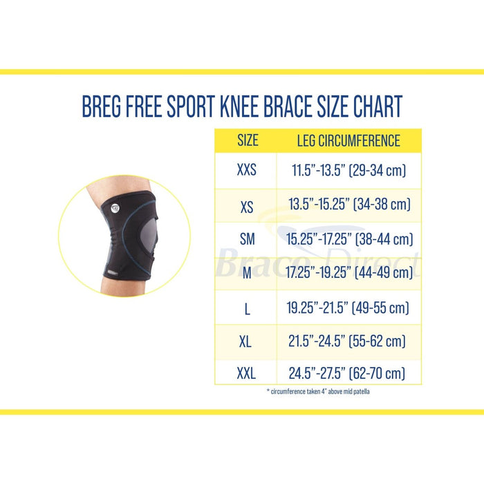Breg FreeSport Athletic Knee Support Brace size chart, by Brace Direct.
