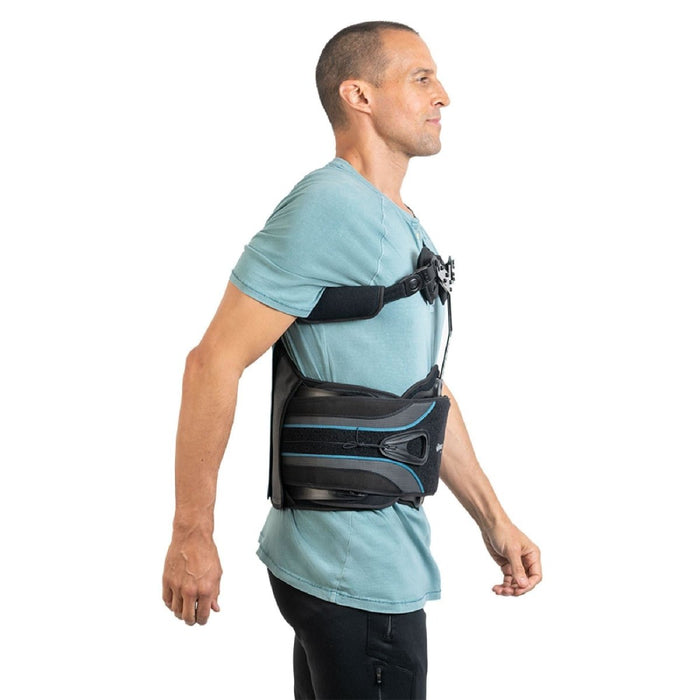 Side view of the Breg Pinnacle TLSO 464 back brace, worn by a model.
