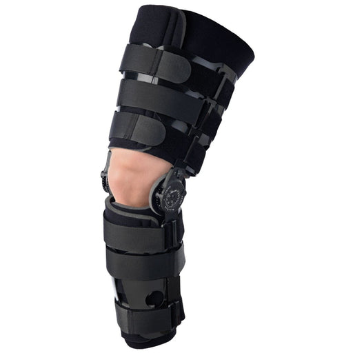 Close-up of the Breg Post-Operative Knee Brace with Protective Shells by Brace Direct, worn by a model.