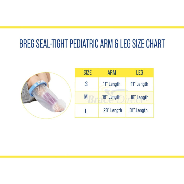 Breg Seal-Tight Pediatric Waterproof Casted Arm/Leg Protector sizing for arm and leg, by Brace Direct.