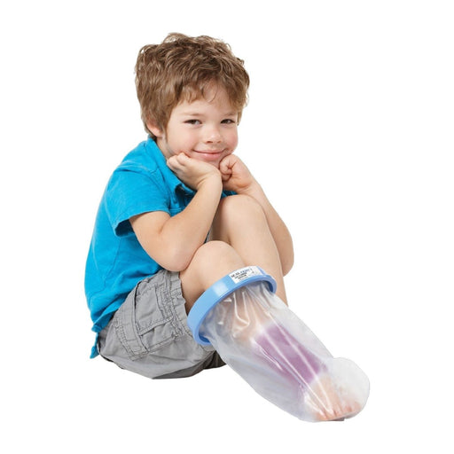 A smiling kid demonstrates the fit of the Breg Seal-Tight Pediatric Waterproof Casted Arm/Leg Protector, by Brace Direct.