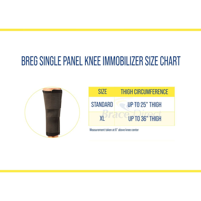 Breg Single Panel Knee Immobilizer size chart, by Brace Direct.
