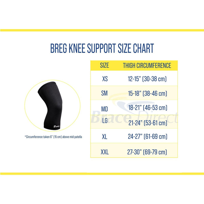 Breg Soft Knee Brace with Padded Patella sized chart, by Brace Direct.