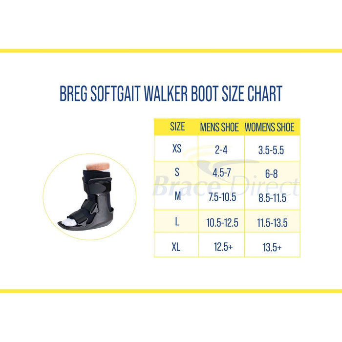 Breg Short Air-Cushioned SoftGait Walker Boot sizing for men and women, by Brace Direct.