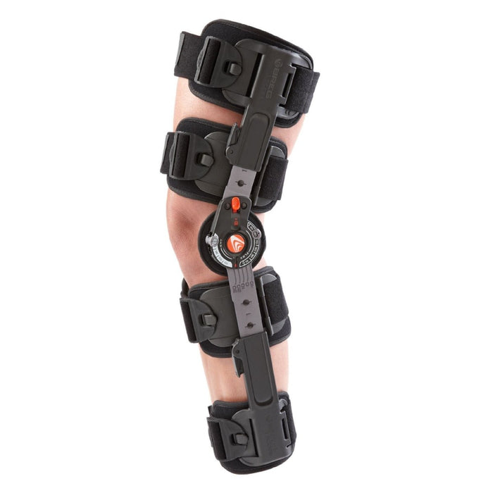 Side view of the Breg T Scope Premier Post-Op ROM knee brace by Brace Direct, isolated on white.