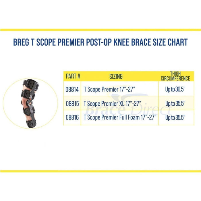 Breg T Scope Premier Post-Op ROM knee brace size chart, by Brace Direct.