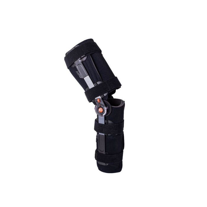 Side view of the Breg T Scope Premier Full Foam Post-Op ROM knee brace by Brace Direct, isolated on white.