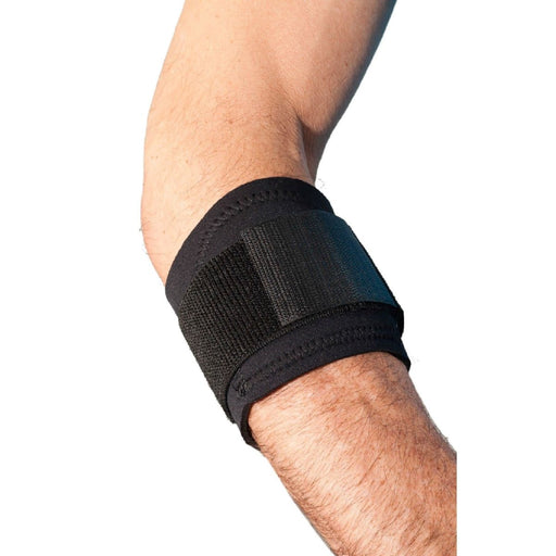 Close-up of the Breg Tennis Elbow Strap by Brace Direct, worn by a model.