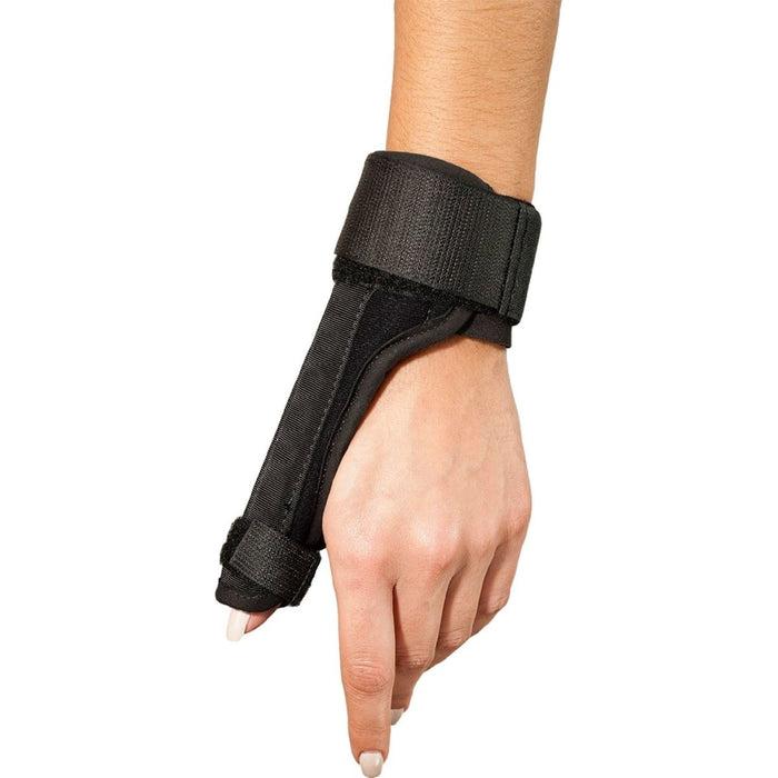 Front view of the Breg Comfort Thumb Support Brace by Brace Direct, worn by a model.