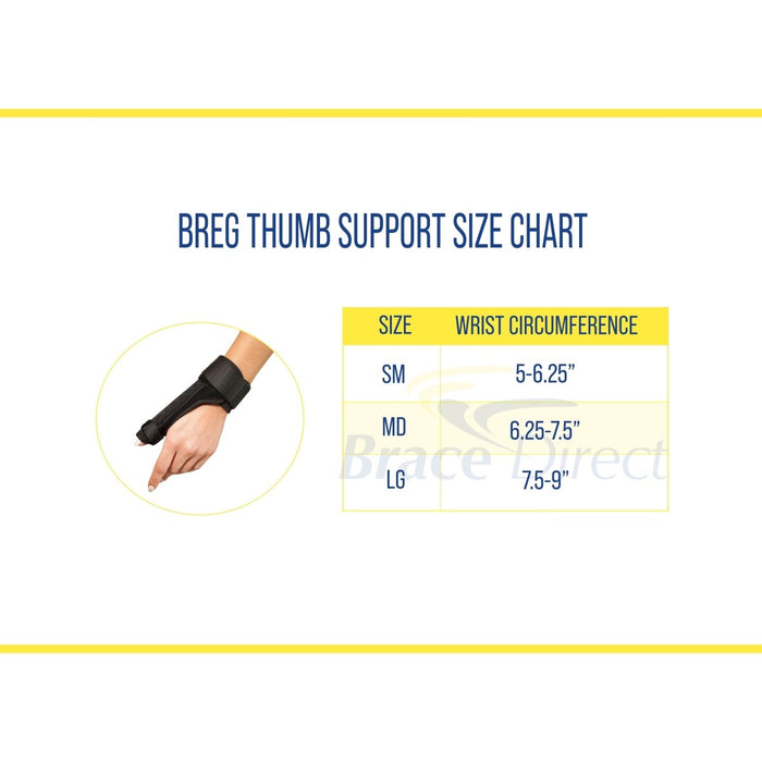Breg Comfort Thumb Support Brace size chart, by Brace Direct.