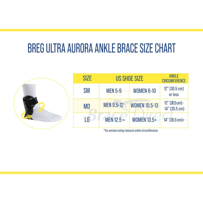Breg Ultra Aurora Stabilizing Ankle Brace sizing for men and women, by Brace Direct.